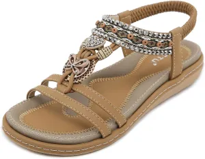 Qiucdzi Flat Sandals for Women Fashion Summer Comfortable Slip-on Casual Beach Shoes Dress Strap Elastic Sandals for lady