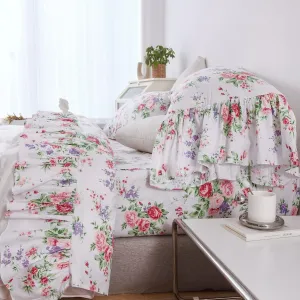 Queen's House Romantic Roses Floral Bed Sheet Sets 4-Piece Shabby Vintage Chic Bedding French Country Ruffle Sheets Deep Pocket Set Queen Size-Style L