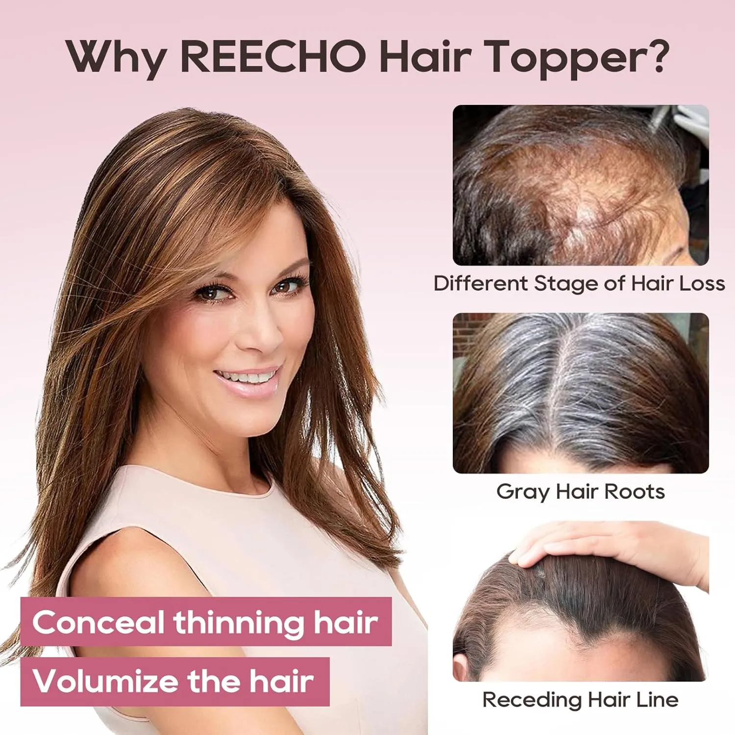 REECHO Real Human Hair Topper, 10 inch Women Hair Toppers for Thinning Hair, 100 Percent Human Hair Large Coverage Natural Hairpiece Wiglet, Standard Base 3.5"x2", Chestnut Brown with Highlights