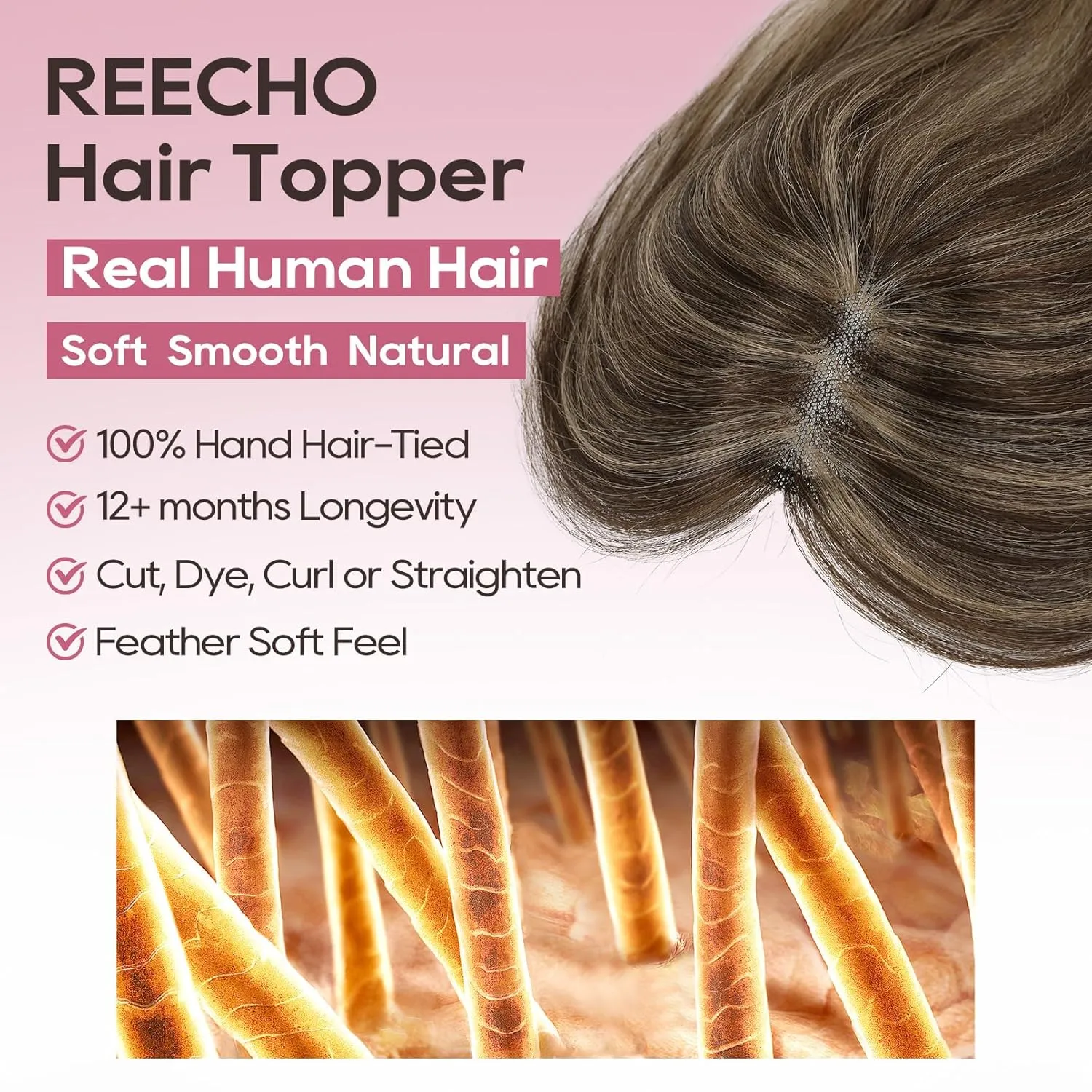 REECHO Real Human Hair Topper, 10 inch Women Hair Toppers for Thinning Hair, 100 Percent Human Hair Large Coverage Natural Hairpiece Wiglet, Standard Base 3.5"x2", Chestnut Brown with Highlights