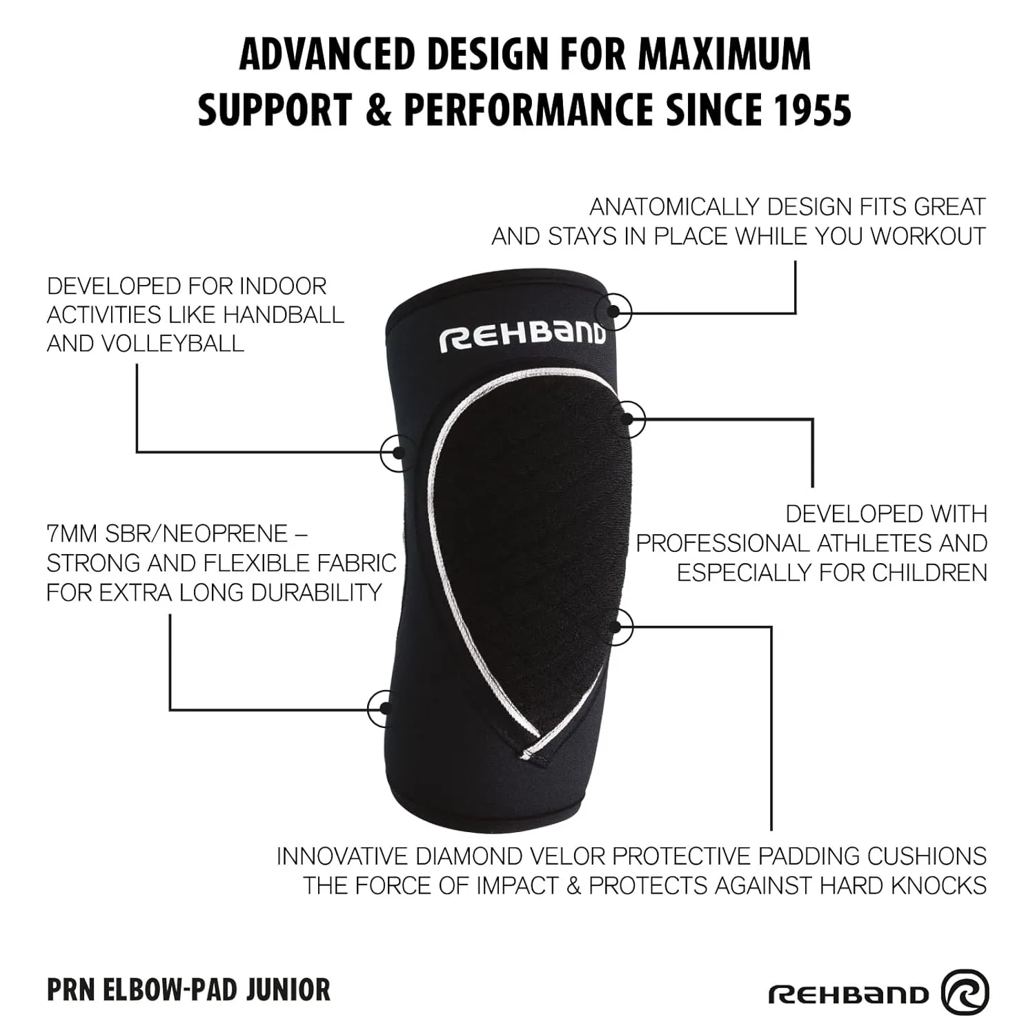 Rehband Elbow Protector for Children, comfortable elbow guard for volleyball, basketball, football, breakdance, Elbow joint impact support kids, Colour:Black - 1 Pair, Size:Small