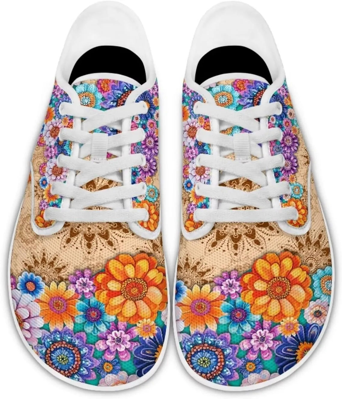 Retro Hippie Flower Power Barefoot Shoes Women Dressy Flat Sole Casual Sneakers Walking Workout Tennis Shoes