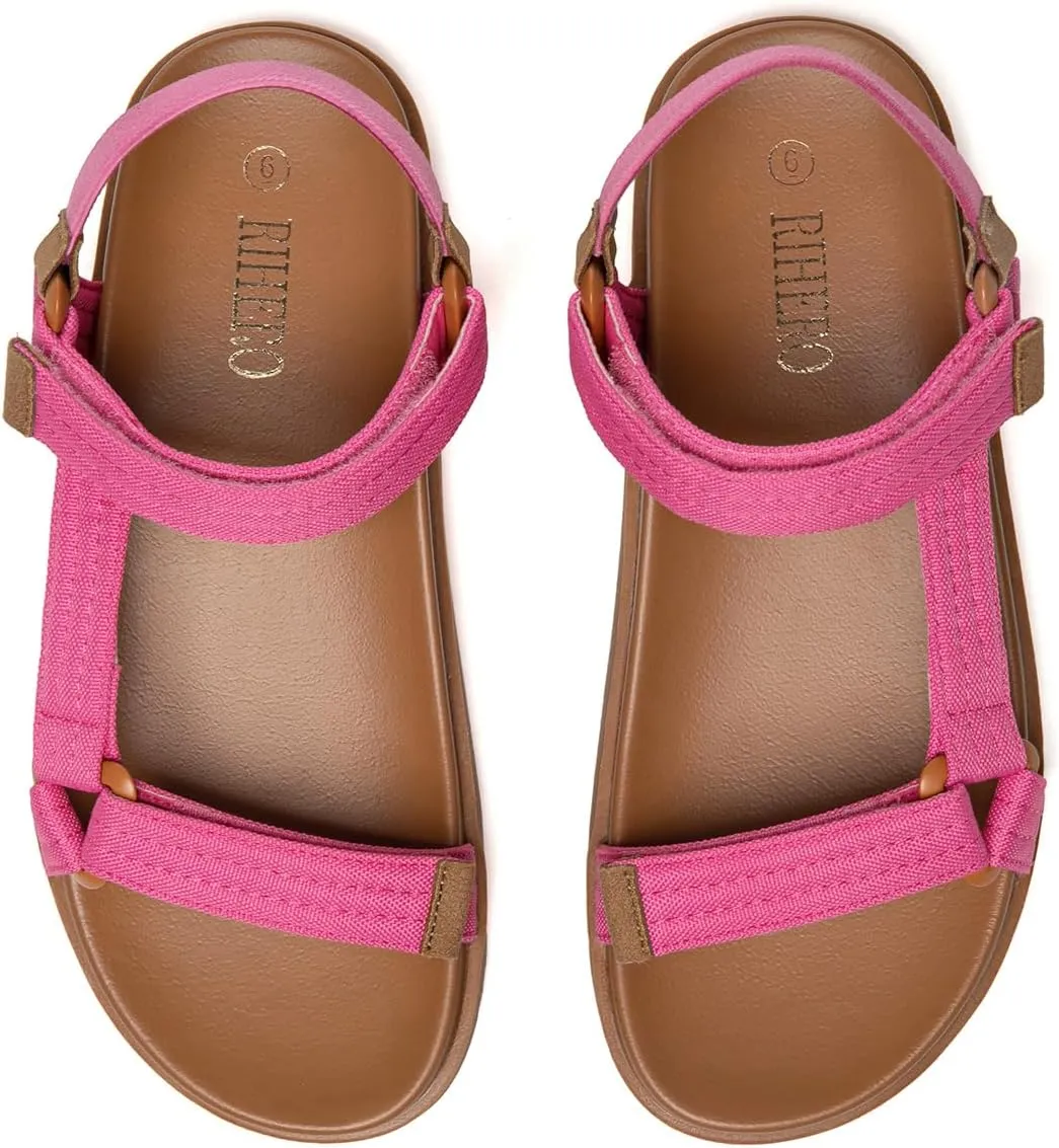 Rihero Women's Flat Sandals Comfortable Open Toe Adjustable Strap Walking Footbed Sandals