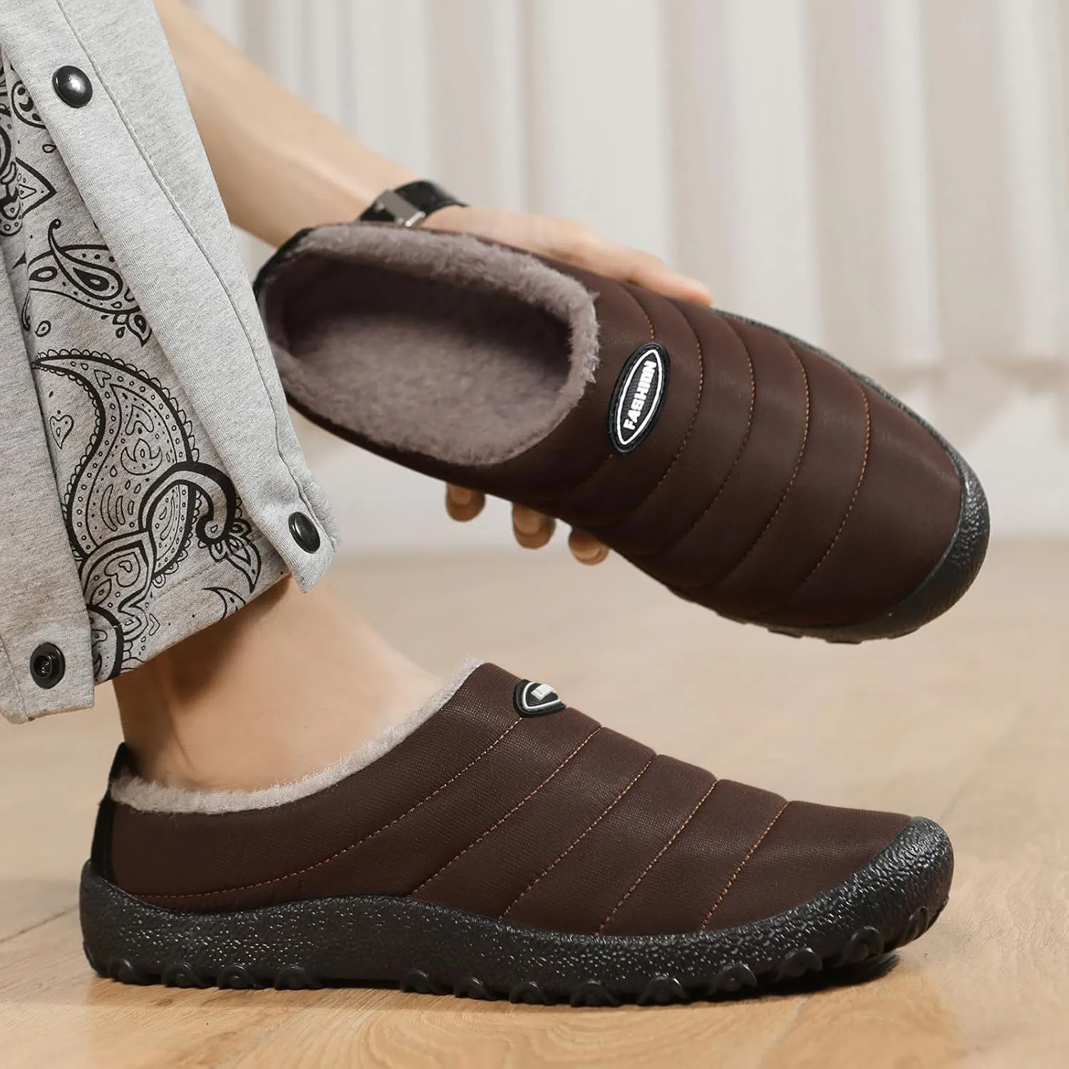 Rojeam Mens Womens Winter Warm Slippers Fur Lined House Shoes Non-Slip for Indoor Outdoor