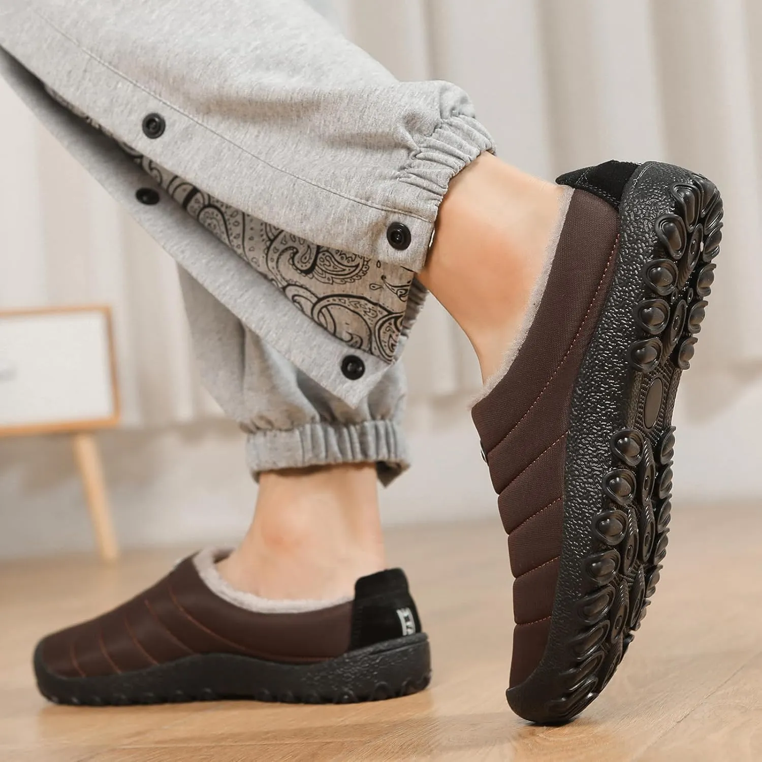 Rojeam Mens Womens Winter Warm Slippers Fur Lined House Shoes Non-Slip for Indoor Outdoor