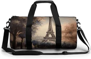 Romantic Paris Eiffel Tower Cylindrical Gym Bag Travel Duffel Bag with Dry Wet Separated Pocket for Men And Women Overnight Bag Weekender Bag Training Handbag Yoga Bag