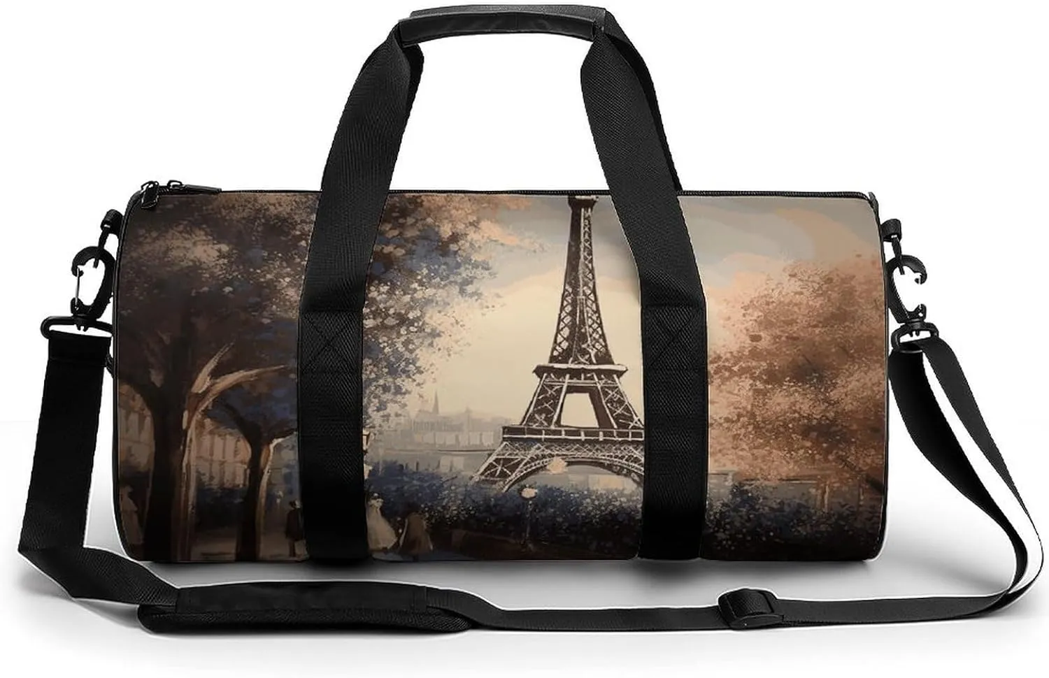 Romantic Paris Eiffel Tower Cylindrical Gym Bag Travel Duffel Bag with Dry Wet Separated Pocket for Men And Women Overnight Bag Weekender Bag Training Handbag Yoga Bag