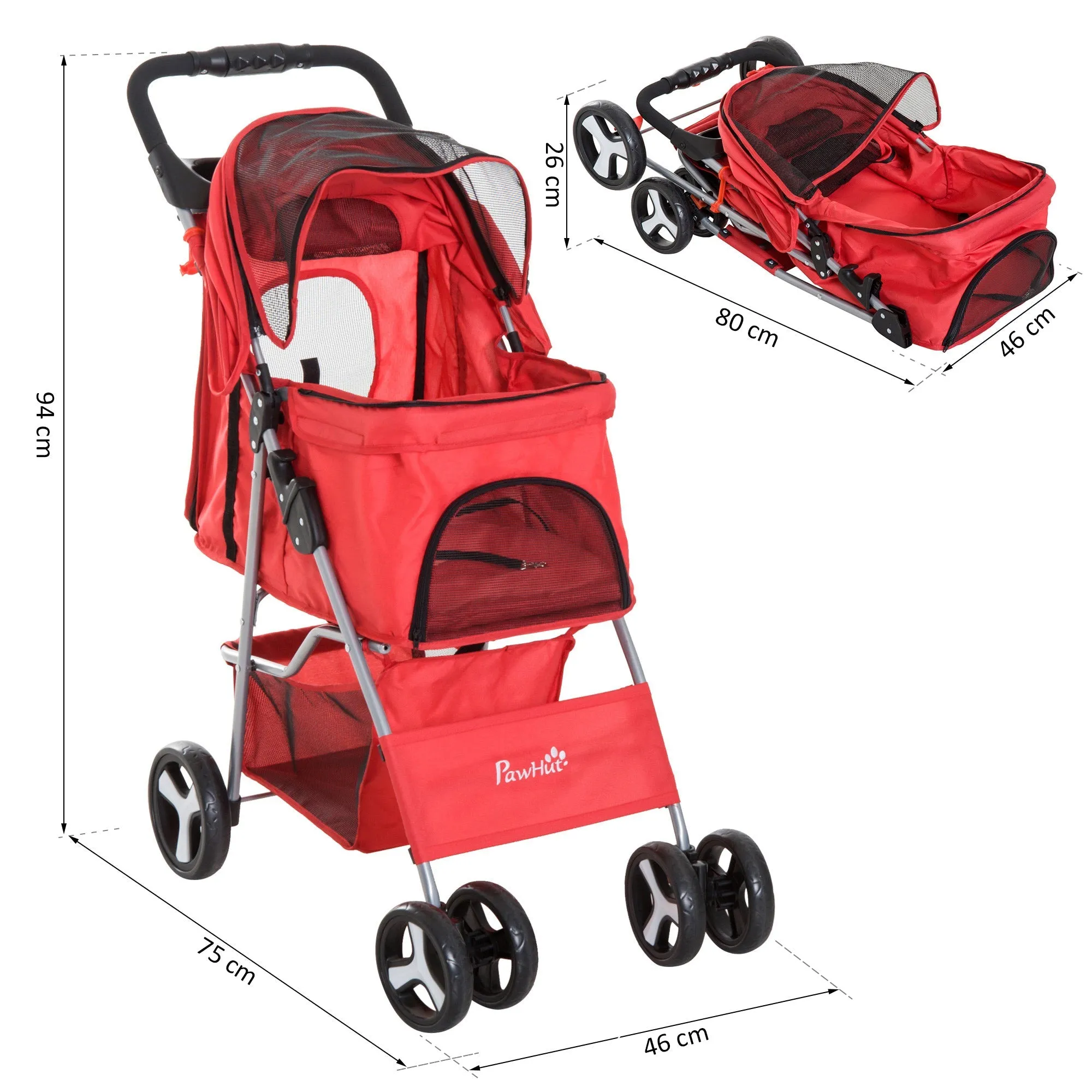 Rootz Dog Stroller - Pet Buggy - Foldable Carrier - Waterproof Comfort - 75L x 46W x 94H cm
