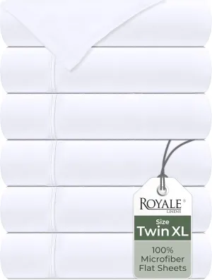 Royale Linens 6 Pack Bulk Flat Sheet Set - Top Sheets - Soft 1800 Microfiber -Wrinkle & Stain Resistant - for Hotel, Massage Table, Hospital, Dorm - Twin XL Flat Sheet Sold Separately (Twin Xl, White)