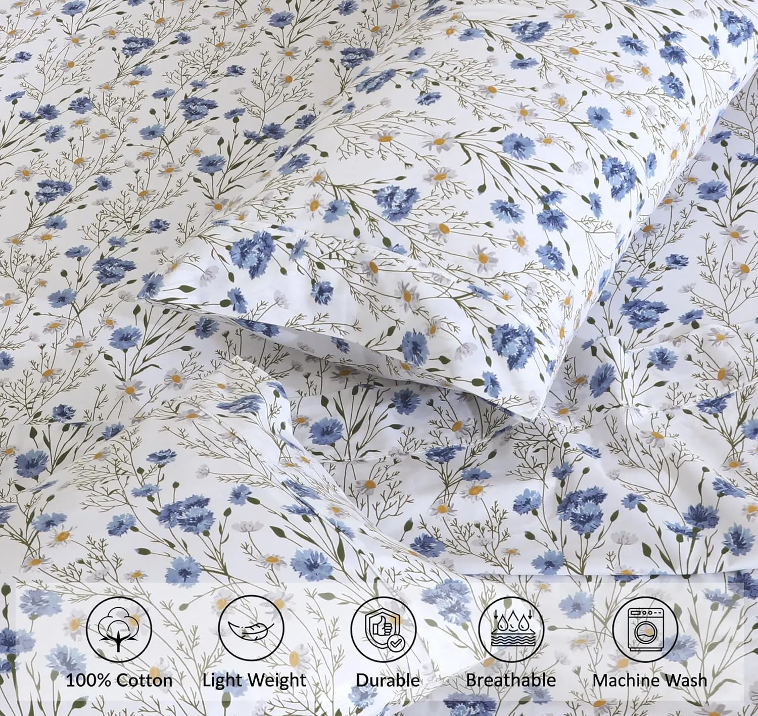 RUVANTI 100% Cotton Sheets Queen Size Set, 4 Pieces, Soft & Breathable Percale Weave Bedding, Deep Pocket 16", Hotel Standard, Crisp Cool Feeling, Durable, Perfect Floral Bed Sheet, Sweet Pea