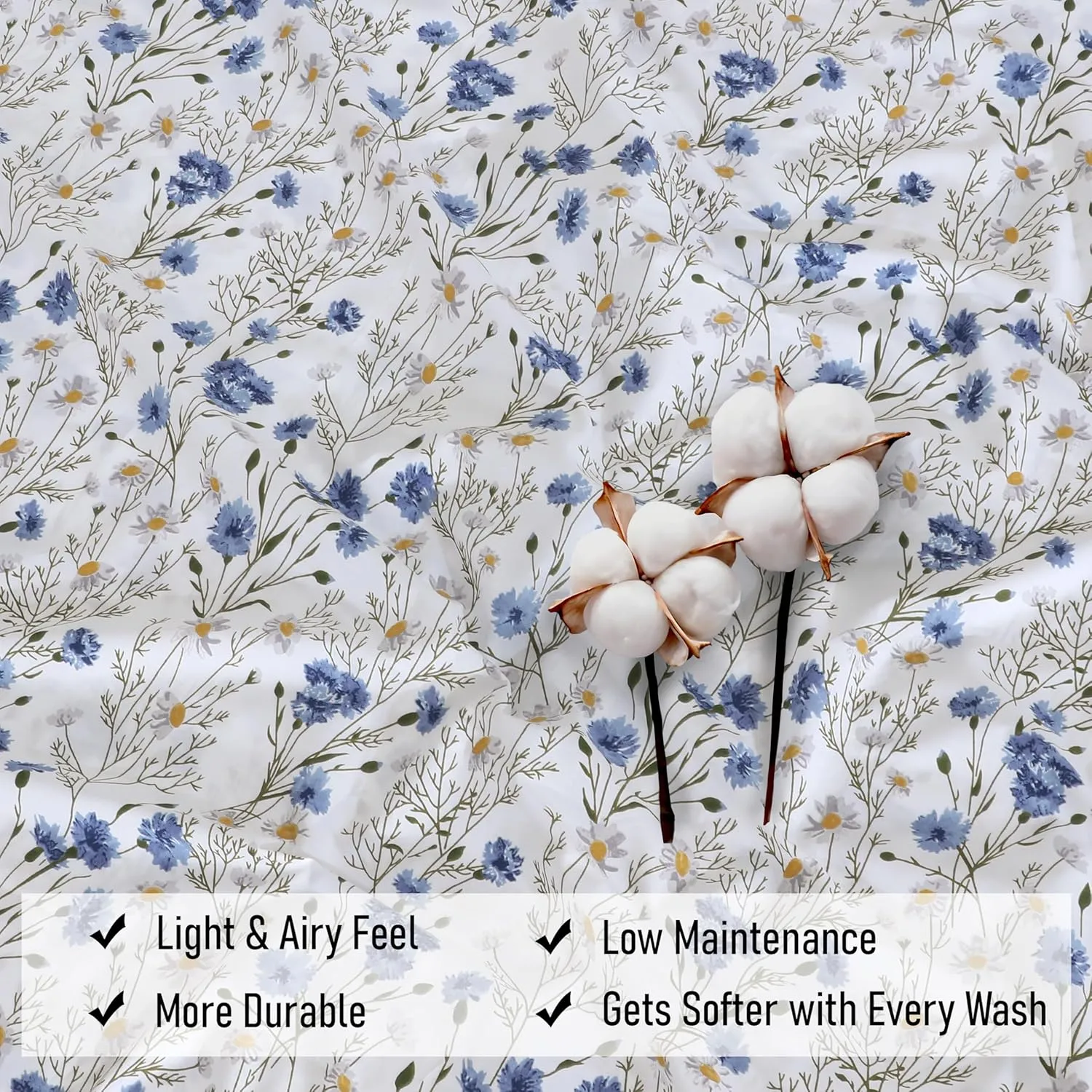 RUVANTI 100% Cotton Sheets Queen Size Set, 4 Pieces, Soft & Breathable Percale Weave Bedding, Deep Pocket 16", Hotel Standard, Crisp Cool Feeling, Durable, Perfect Floral Bed Sheet, Sweet Pea