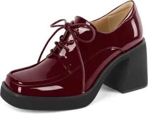 SAMMITOP Platform Oxfords for Women Chunky Lace Up Oxford Shoes Square Toe Casual Comfort Business Work Office Dress Shoes Patent Leather 3.2 Inches