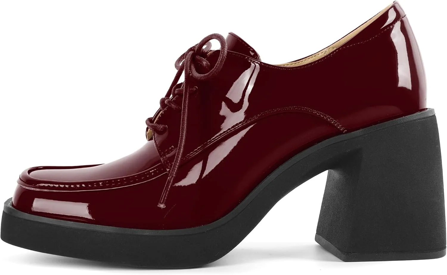 SAMMITOP Platform Oxfords for Women Chunky Lace Up Oxford Shoes Square Toe Casual Comfort Business Work Office Dress Shoes Patent Leather 3.2 Inches