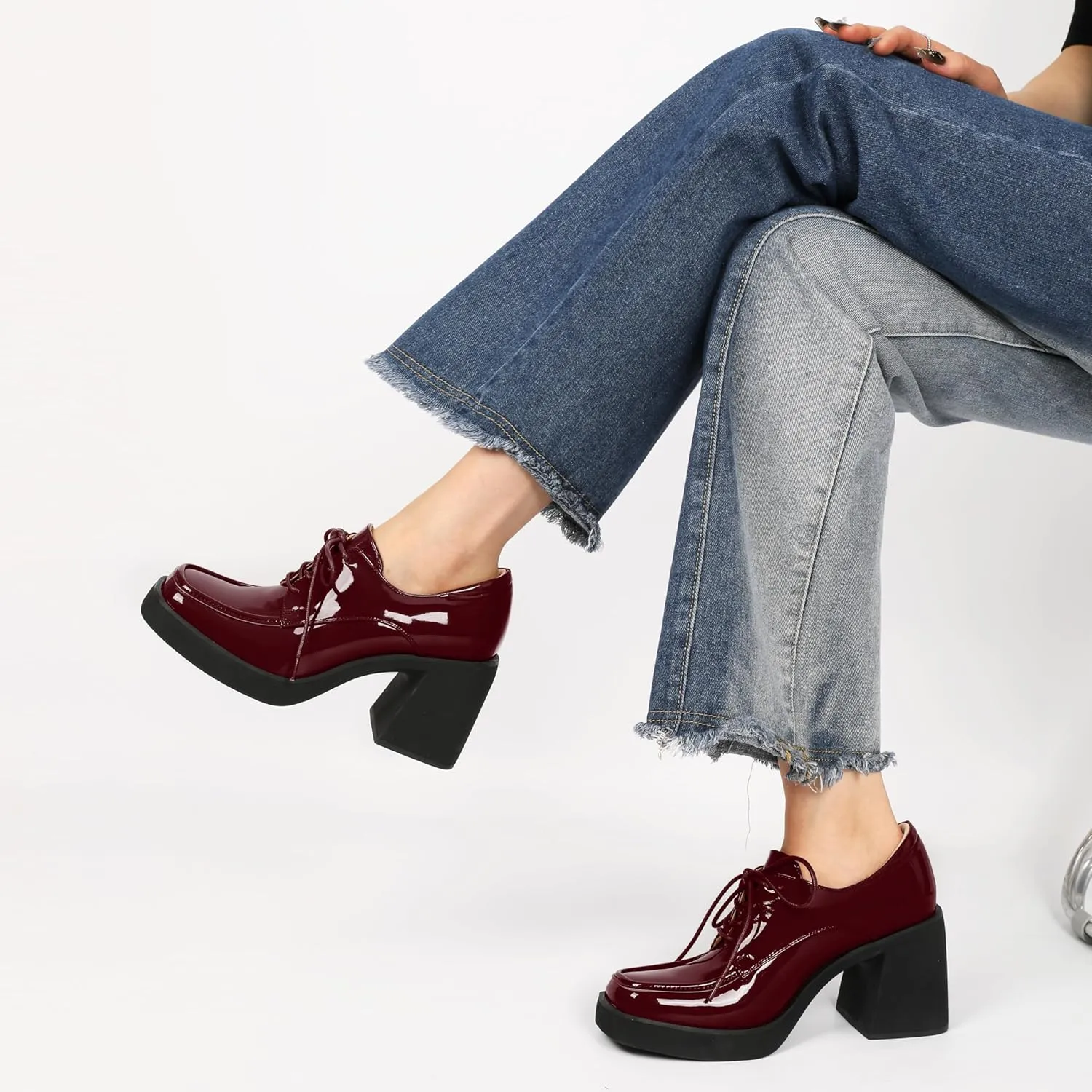 SAMMITOP Platform Oxfords for Women Chunky Lace Up Oxford Shoes Square Toe Casual Comfort Business Work Office Dress Shoes Patent Leather 3.2 Inches