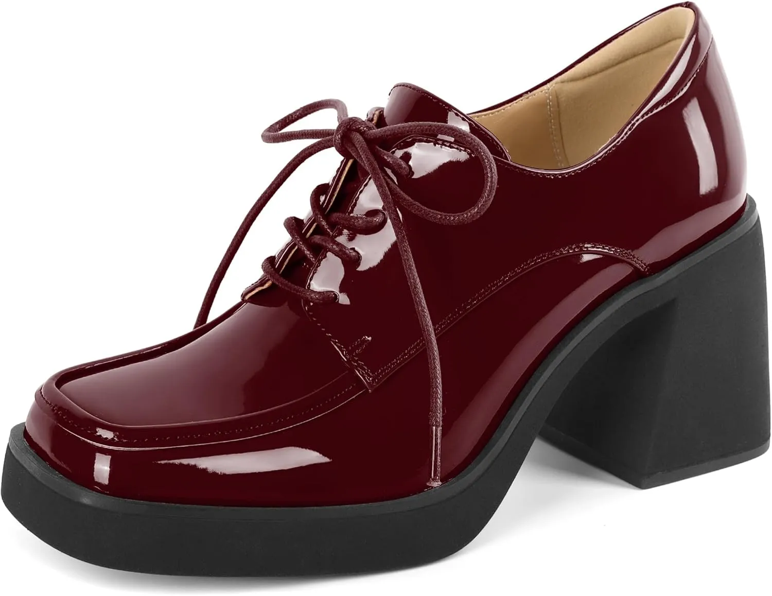 SAMMITOP Platform Oxfords for Women Chunky Lace Up Oxford Shoes Square Toe Casual Comfort Business Work Office Dress Shoes Patent Leather 3.2 Inches