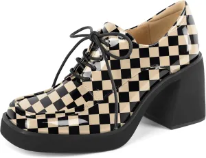 SAMMITOP Platform Oxfords for Women Chunky Lace Up Oxford Shoes Square Toe Casual Comfort Business Work Office Dress Shoes Patent Leather 3.2 Inches