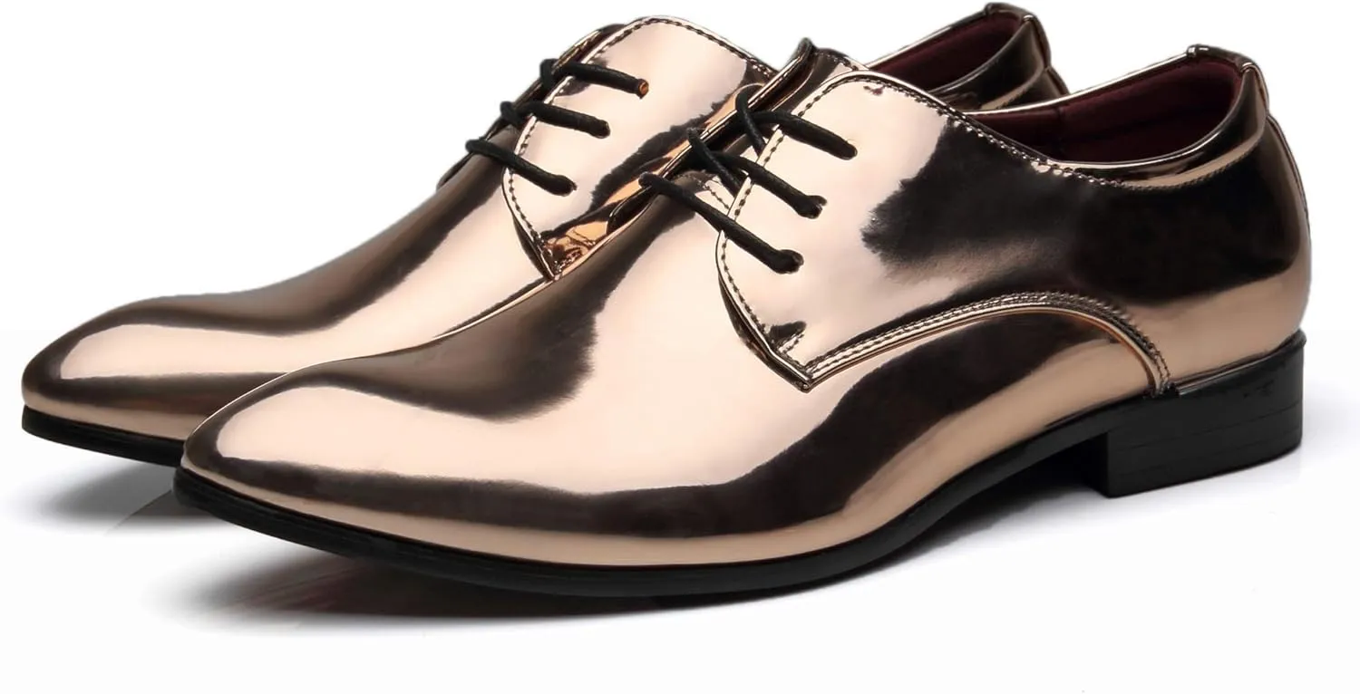 Santimon Men's Oxford Shoes Dress Pointed Toe Shiny Patent Leather Lace Up Casual Prom Party Shoes