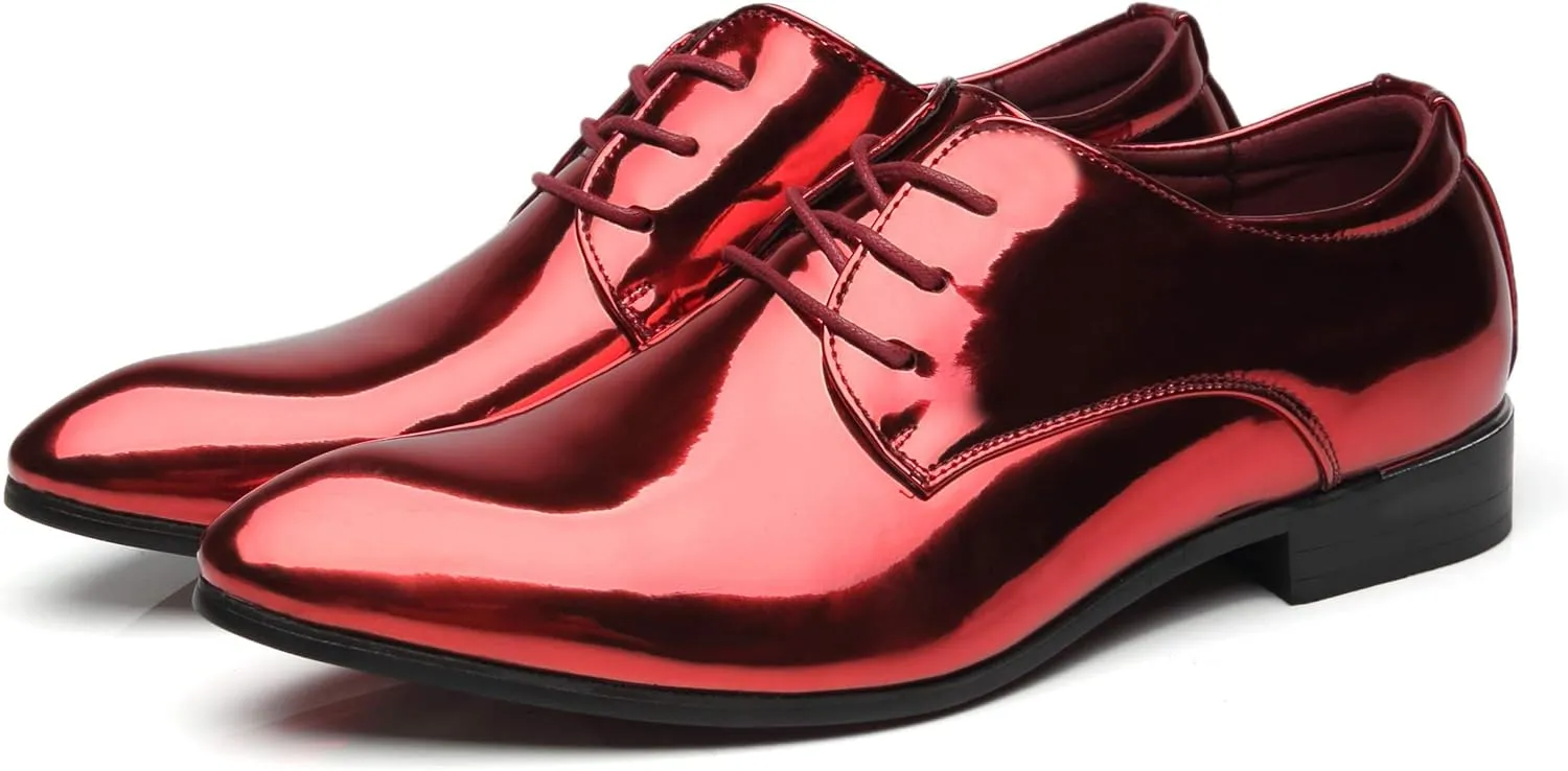 Santimon Men's Oxford Shoes Dress Pointed Toe Shiny Patent Leather Lace Up Casual Prom Party Shoes