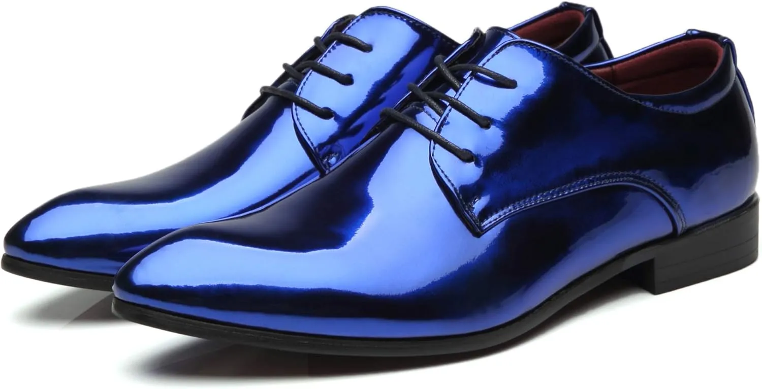 Santimon Men's Oxford Shoes Dress Pointed Toe Shiny Patent Leather Lace Up Casual Prom Party Shoes