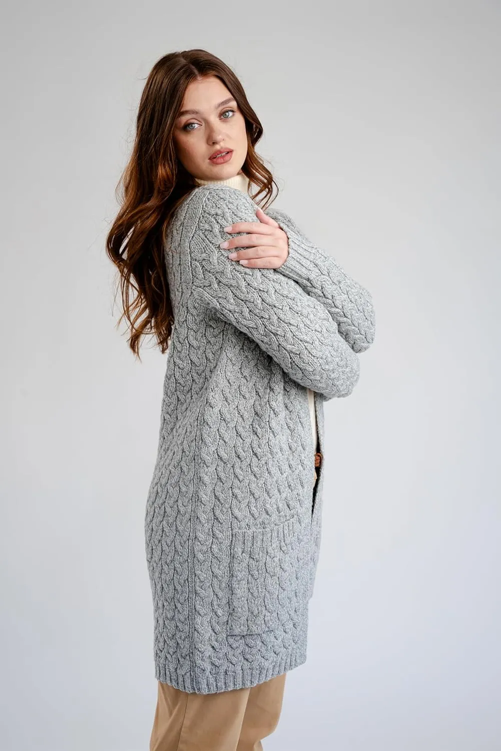 SAOL Aran Coat for Women - Irish Open Front Fisherman Cardigan with Pockets - Merino Wool Made in Ireland