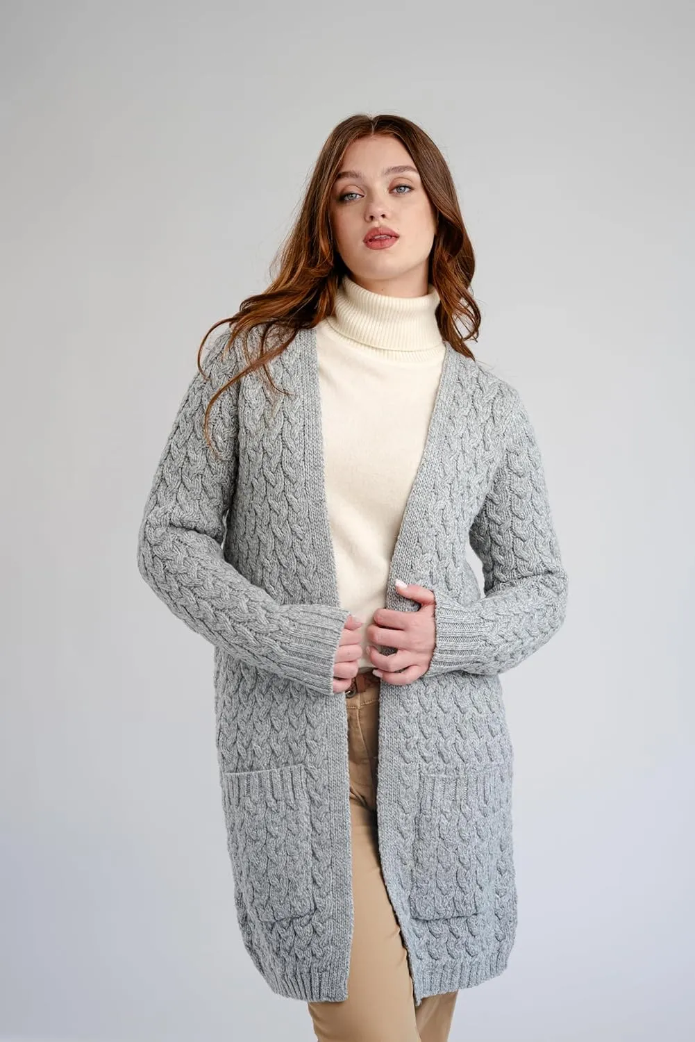 SAOL Aran Coat for Women - Irish Open Front Fisherman Cardigan with Pockets - Merino Wool Made in Ireland