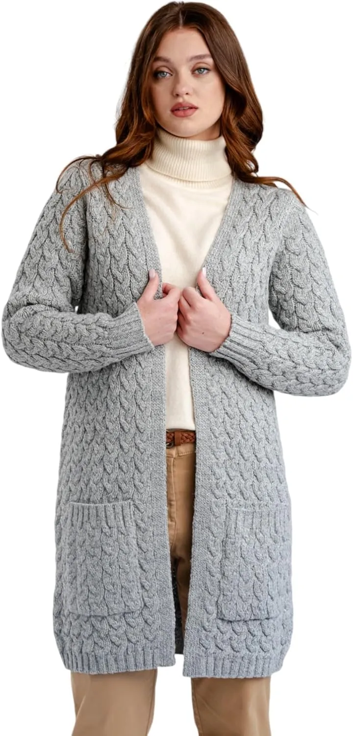 SAOL Aran Coat for Women - Irish Open Front Fisherman Cardigan with Pockets - Merino Wool Made in Ireland