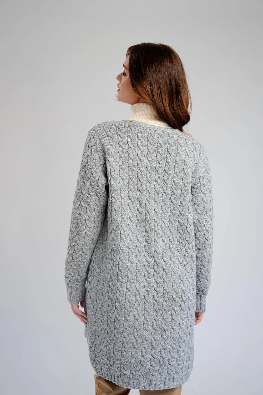 SAOL Aran Coat for Women - Irish Open Front Fisherman Cardigan with Pockets - Merino Wool Made in Ireland