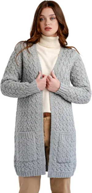 SAOL Aran Coat for Women - Irish Open Front Fisherman Cardigan with Pockets - Merino Wool Made in Ireland