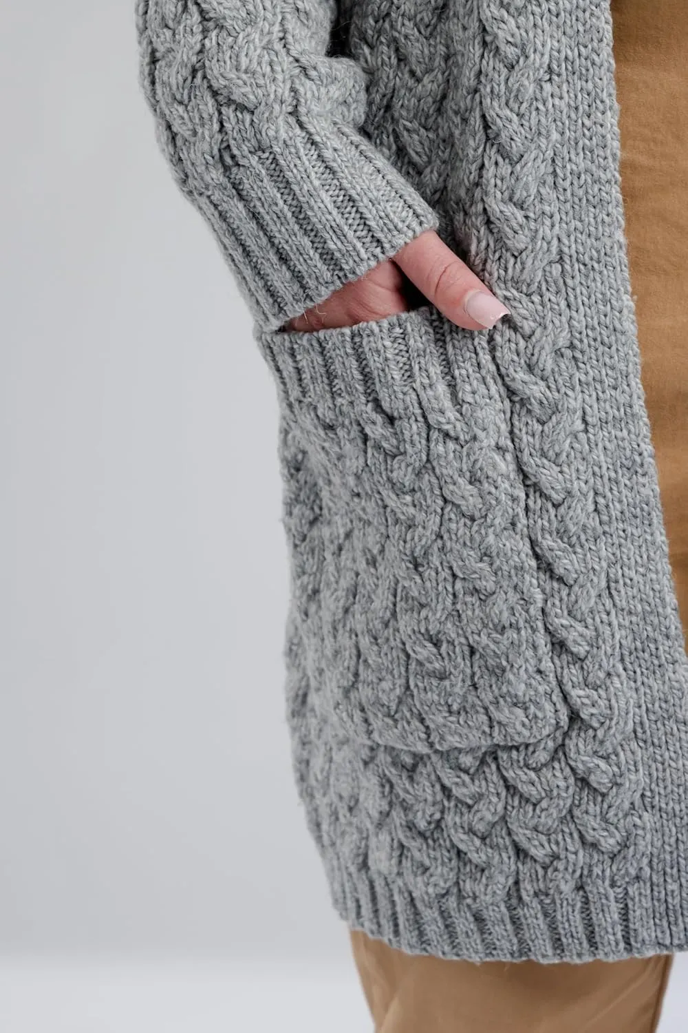 SAOL Aran Coat for Women - Irish Open Front Fisherman Cardigan with Pockets - Merino Wool Made in Ireland