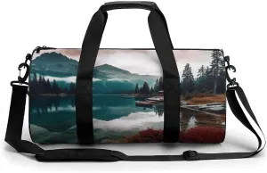 Scenic Lake Cylindrical Gym Bag Travel Duffel Bag with Dry Wet Separated Pocket for Men And Women Overnight Bag Weekender Bag Training Handbag Yoga Bag