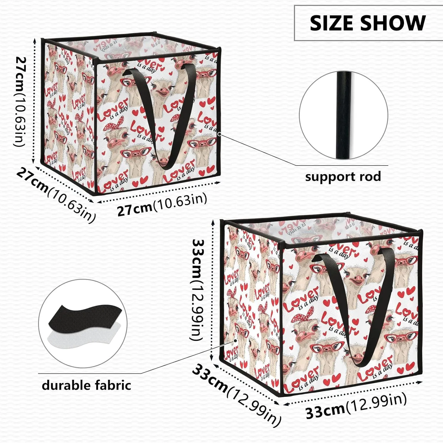 Seamless Ostriches with Red Glasses Hairpins Lover is a Day Letterings Square Storage Basket Bin, Collapsible Storage Box, Baskets Organizer for Toy, Clothes Easy to Assemble 10.6x10.6x10.6 in