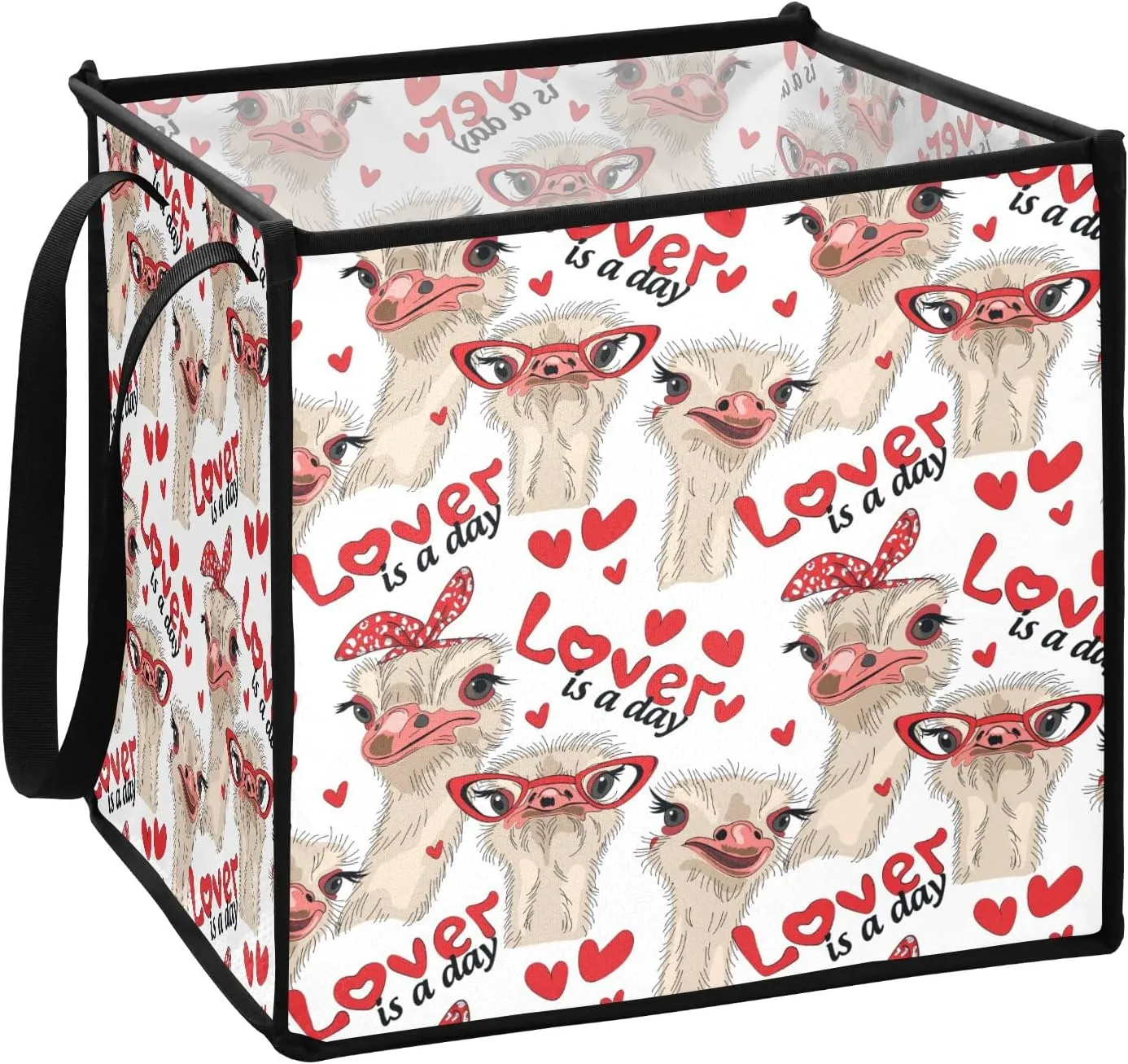 Seamless Ostriches with Red Glasses Hairpins Lover is a Day Letterings Square Storage Basket Bin, Collapsible Storage Box, Baskets Organizer for Toy, Clothes Easy to Assemble 10.6x10.6x10.6 in