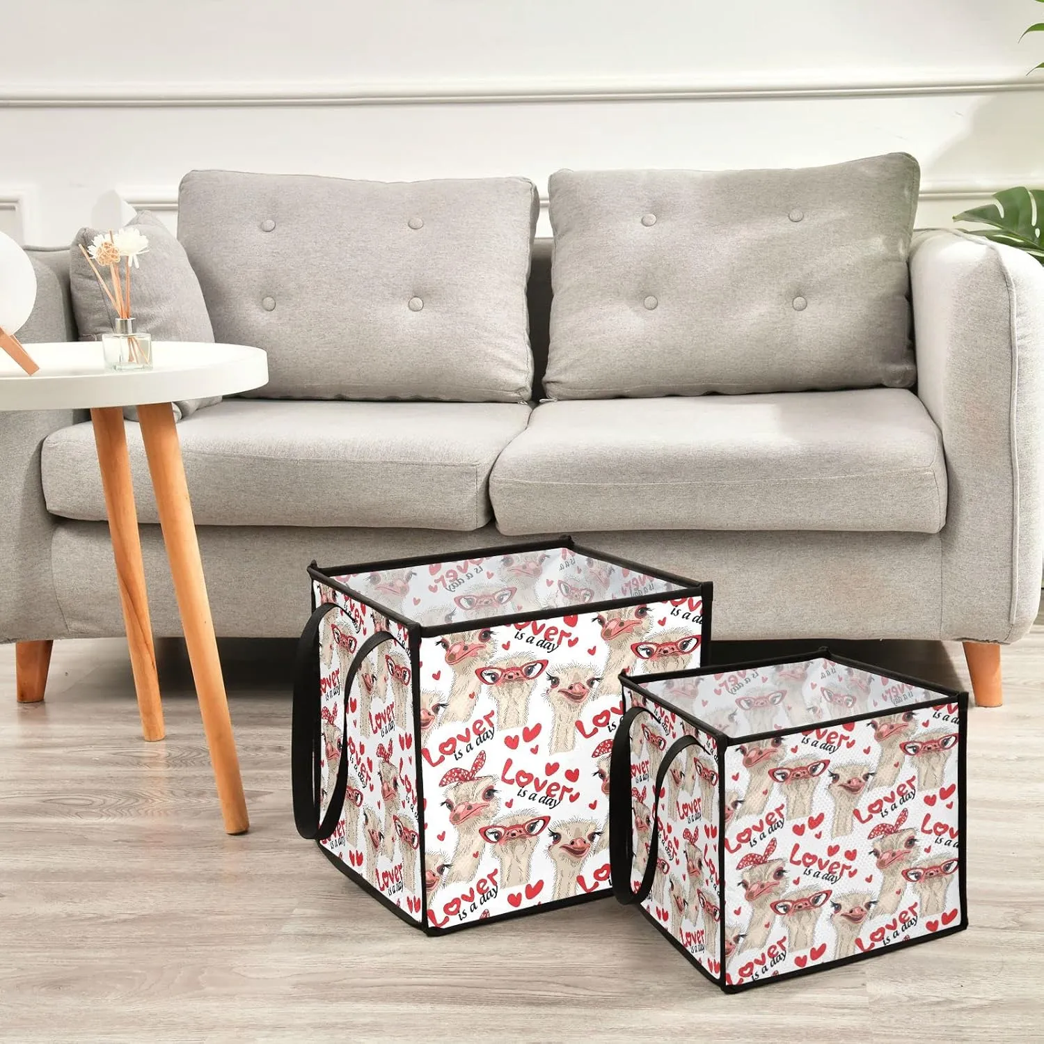 Seamless Ostriches with Red Glasses Hairpins Lover is a Day Letterings Square Storage Basket Bin, Collapsible Storage Box, Baskets Organizer for Toy, Clothes Easy to Assemble 10.6x10.6x10.6 in