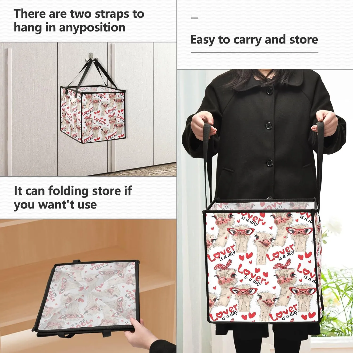 Seamless Ostriches with Red Glasses Hairpins Lover is a Day Letterings Square Storage Basket Bin, Collapsible Storage Box, Baskets Organizer for Toy, Clothes Easy to Assemble 10.6x10.6x10.6 in