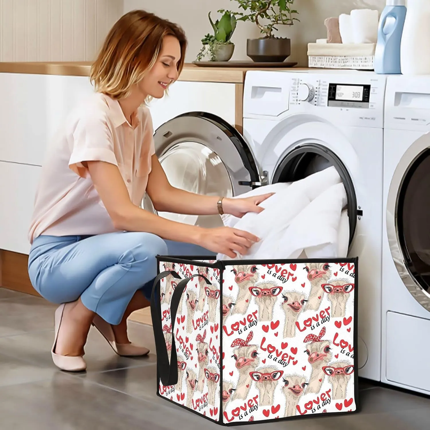 Seamless Ostriches with Red Glasses Hairpins Lover is a Day Letterings Square Storage Basket Bin, Collapsible Storage Box, Baskets Organizer for Toy, Clothes Easy to Assemble 10.6x10.6x10.6 in