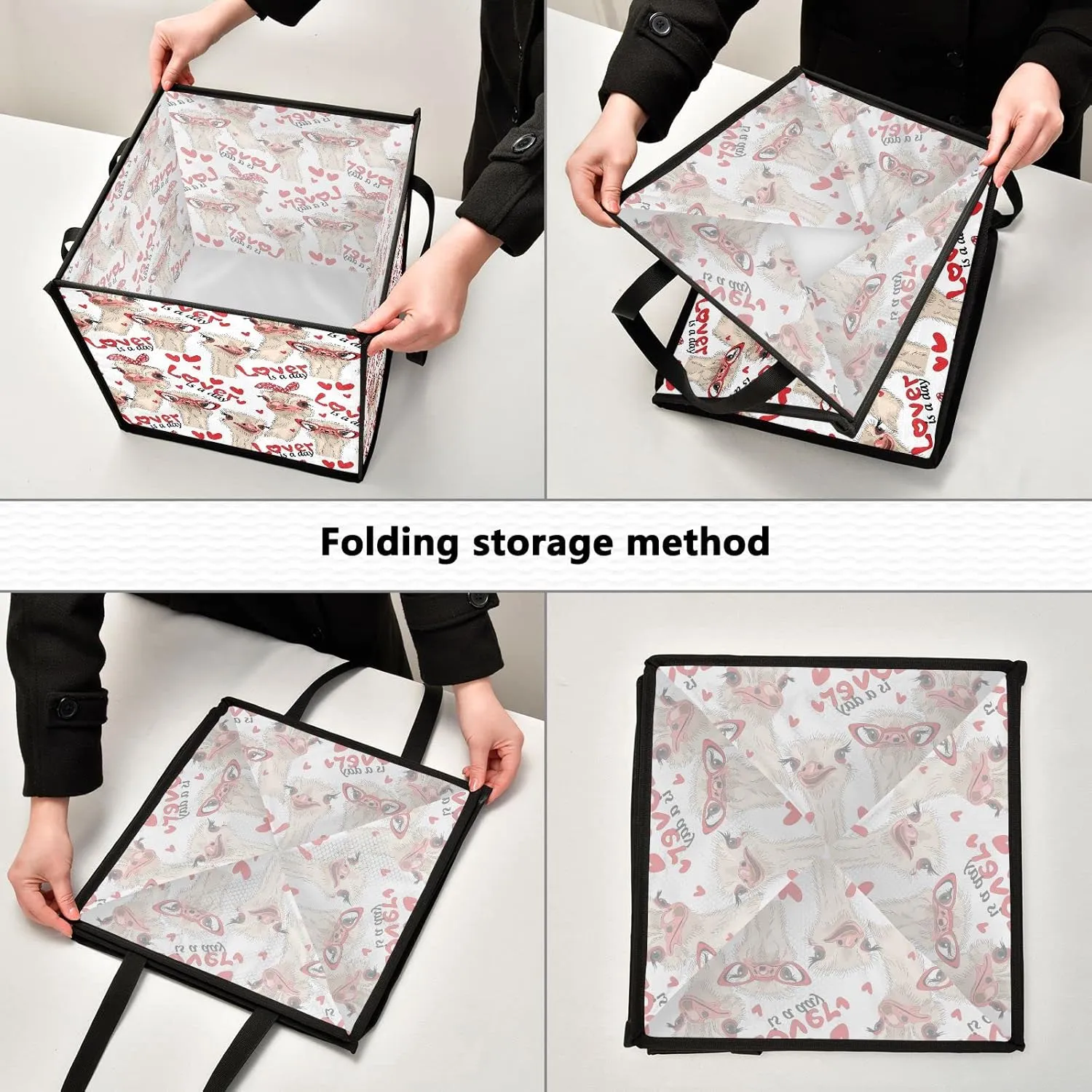 Seamless Ostriches with Red Glasses Hairpins Lover is a Day Letterings Square Storage Basket Bin, Collapsible Storage Box, Baskets Organizer for Toy, Clothes Easy to Assemble 10.6x10.6x10.6 in