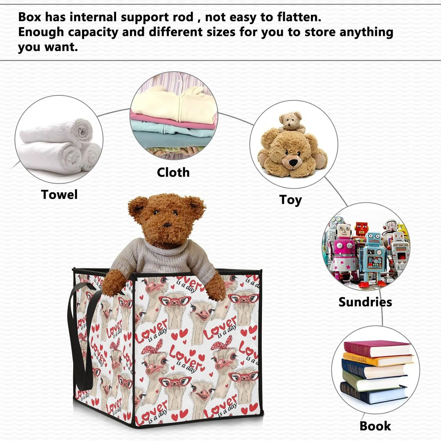 Seamless Ostriches with Red Glasses Hairpins Lover is a Day Letterings Square Storage Basket Bin, Collapsible Storage Box, Baskets Organizer for Toy, Clothes Easy to Assemble 10.6x10.6x10.6 in