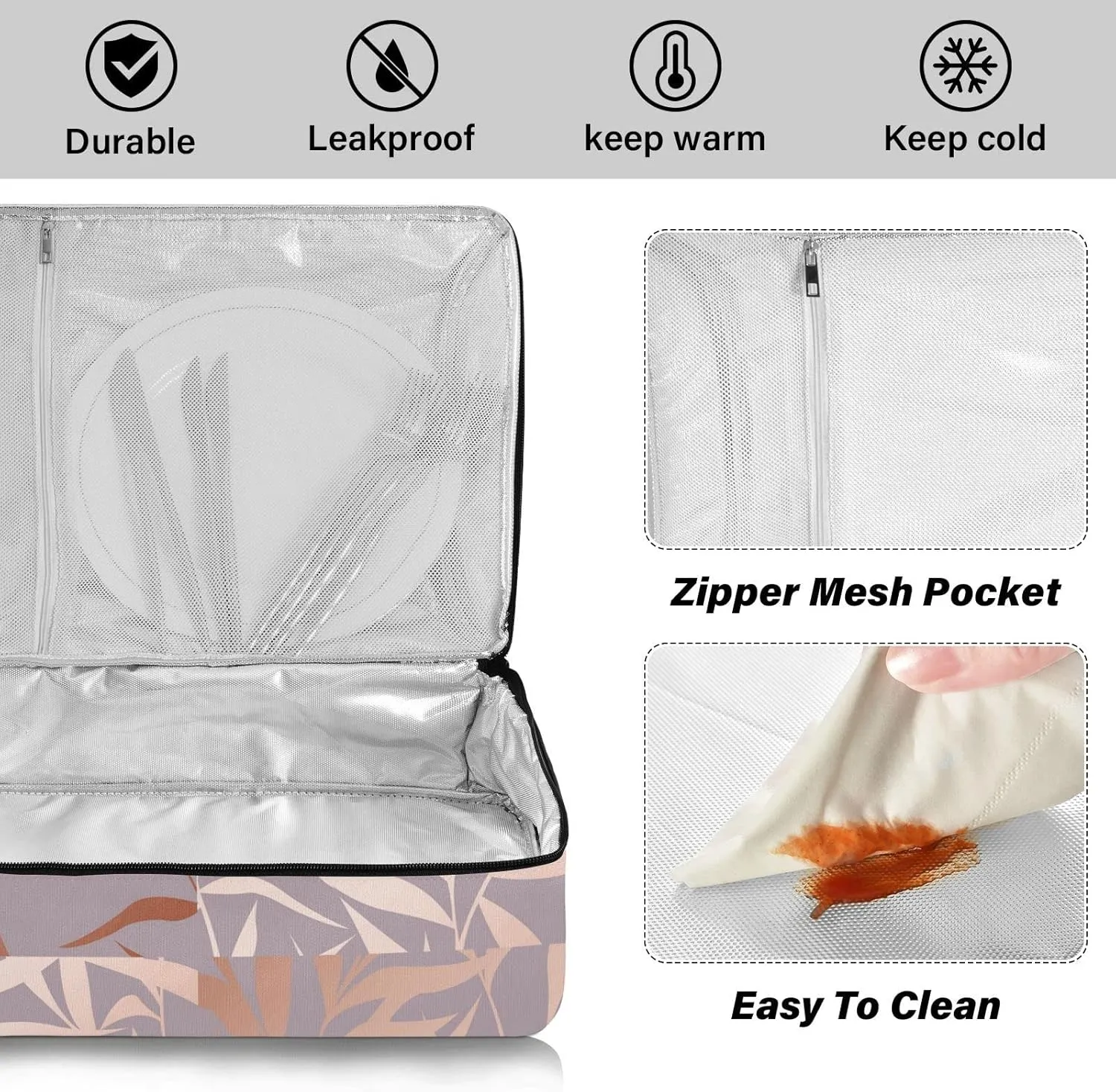 Seamless Shiny Rose Pink Leaves on Pink Insulated Casserole Dish Carrier Bag 9x13 with Lid, Warmer Portable Tote for Hot or Cold Food Picnic Party Potluck Beach
