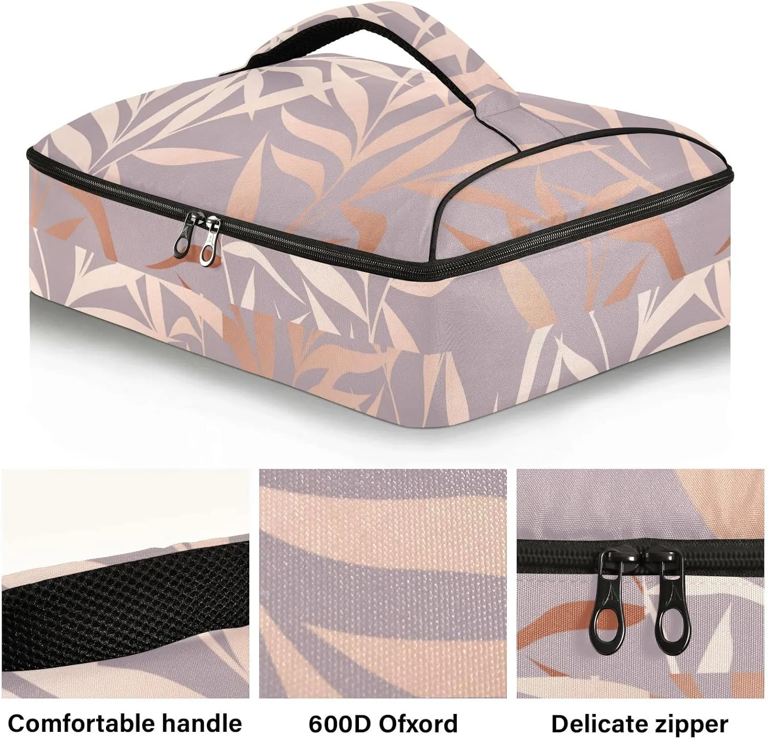 Seamless Shiny Rose Pink Leaves on Pink Insulated Casserole Dish Carrier Bag 9x13 with Lid, Warmer Portable Tote for Hot or Cold Food Picnic Party Potluck Beach