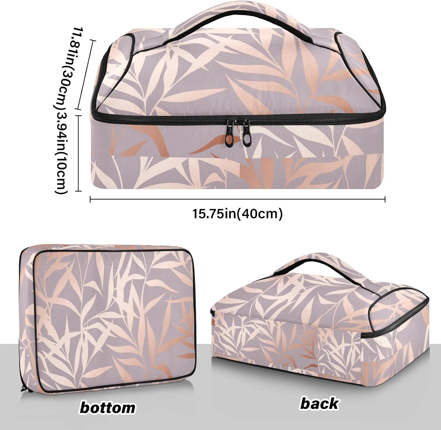 Seamless Shiny Rose Pink Leaves on Pink Insulated Casserole Dish Carrier Bag 9x13 with Lid, Warmer Portable Tote for Hot or Cold Food Picnic Party Potluck Beach