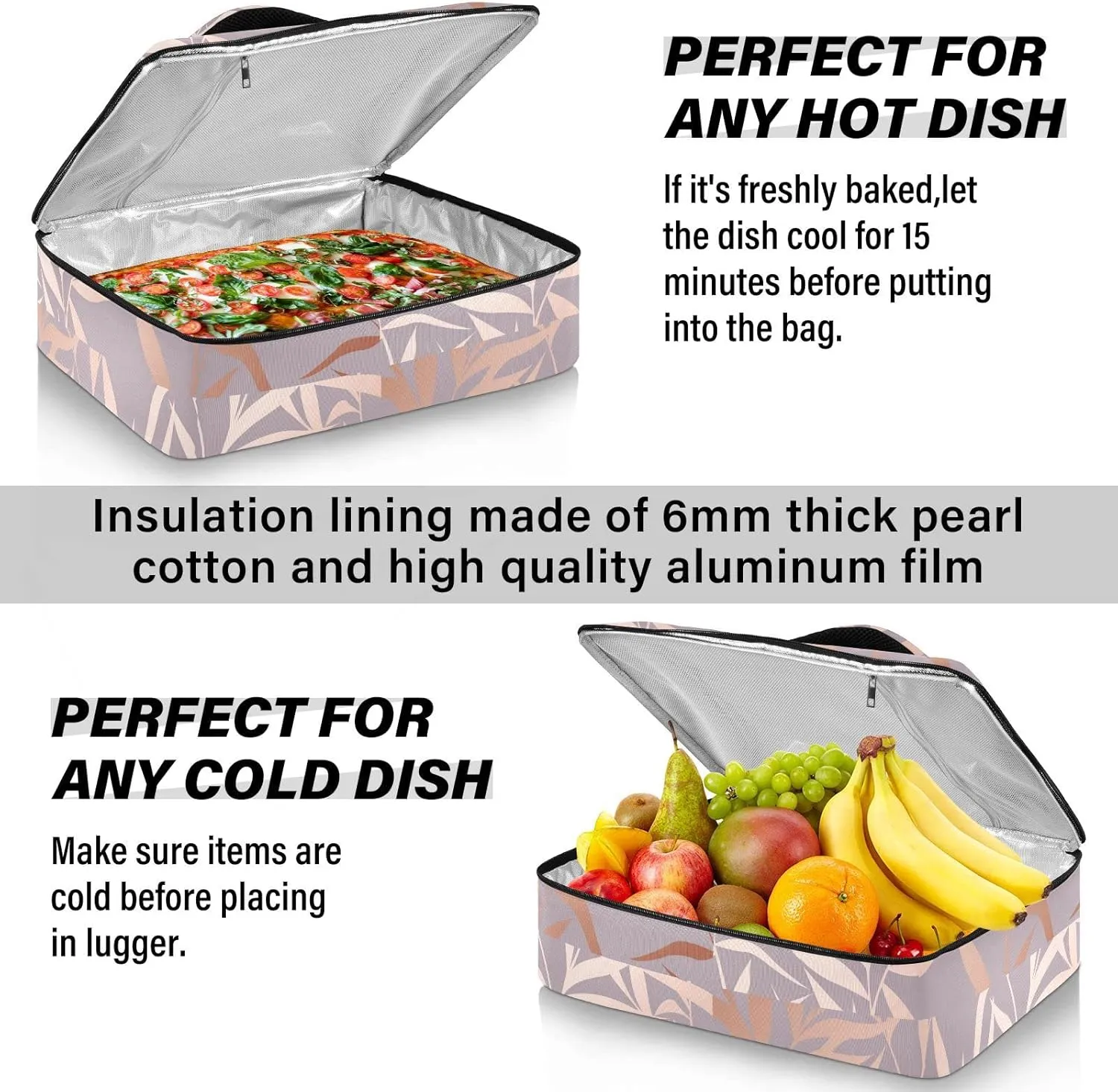 Seamless Shiny Rose Pink Leaves on Pink Insulated Casserole Dish Carrier Bag 9x13 with Lid, Warmer Portable Tote for Hot or Cold Food Picnic Party Potluck Beach
