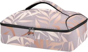 Seamless Shiny Rose Pink Leaves on Pink Insulated Casserole Dish Carrier Bag 9x13 with Lid, Warmer Portable Tote for Hot or Cold Food Picnic Party Potluck Beach