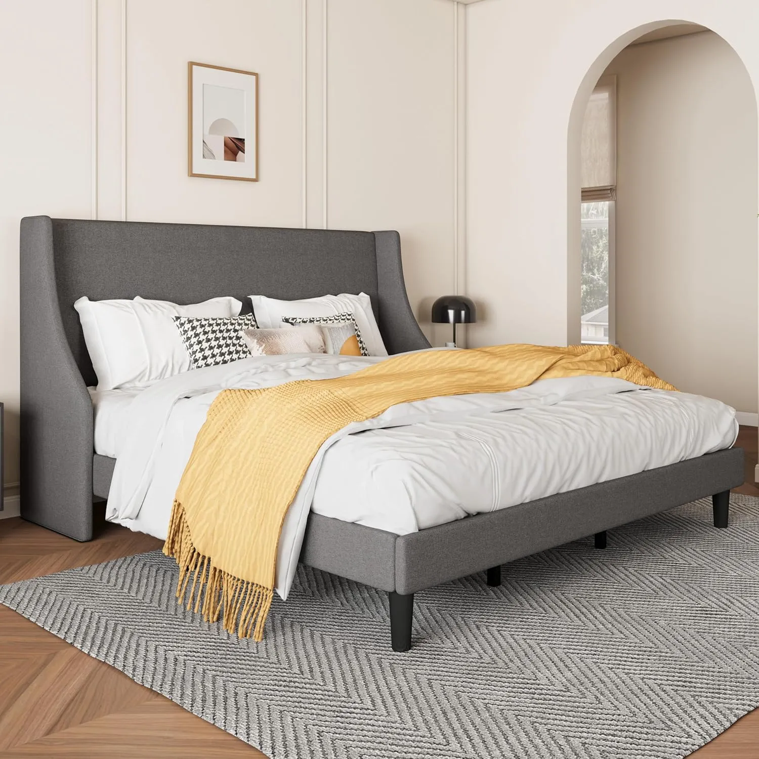 SHA CERLIN Upholstered Bed Frame King Size with Streamlined Wingback Headboard, Breathable Linen Fabric, Solid Wooden Slats, Easy Assembly, Dark Grey