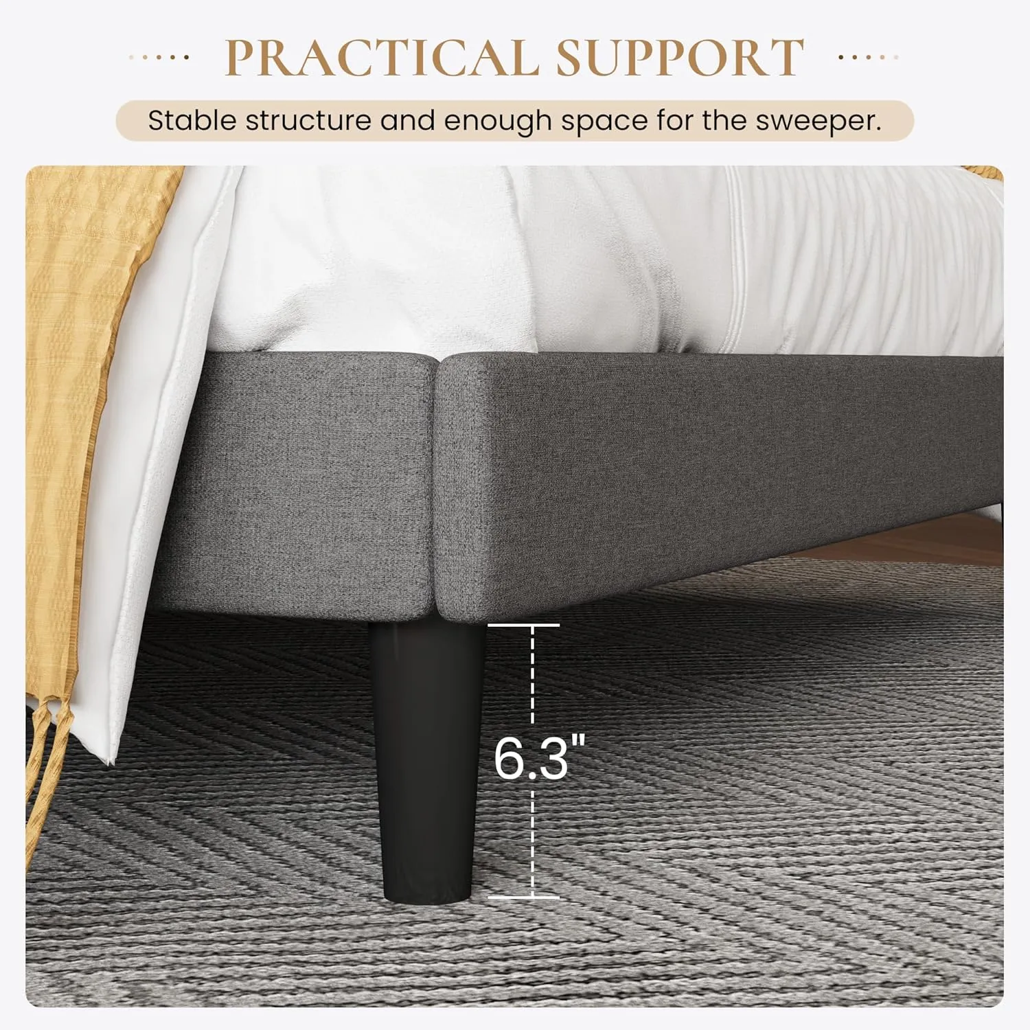 SHA CERLIN Upholstered Bed Frame King Size with Streamlined Wingback Headboard, Breathable Linen Fabric, Solid Wooden Slats, Easy Assembly, Dark Grey