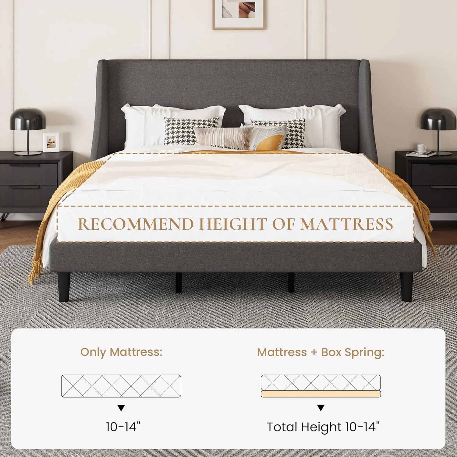 SHA CERLIN Upholstered Bed Frame King Size with Streamlined Wingback Headboard, Breathable Linen Fabric, Solid Wooden Slats, Easy Assembly, Dark Grey