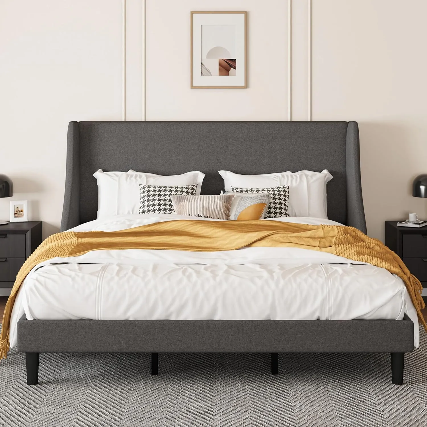 SHA CERLIN Upholstered Bed Frame King Size with Streamlined Wingback Headboard, Breathable Linen Fabric, Solid Wooden Slats, Easy Assembly, Dark Grey