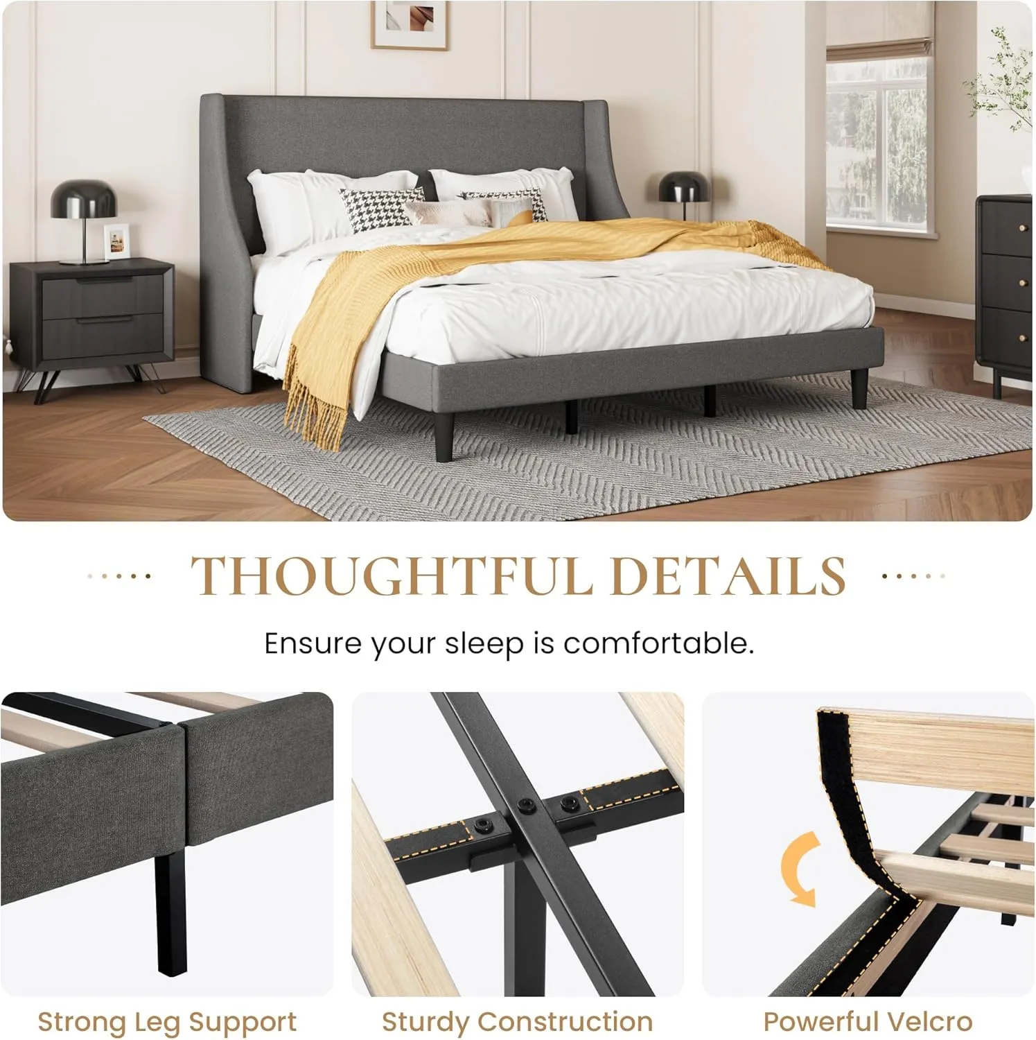 SHA CERLIN Upholstered Bed Frame King Size with Streamlined Wingback Headboard, Breathable Linen Fabric, Solid Wooden Slats, Easy Assembly, Dark Grey