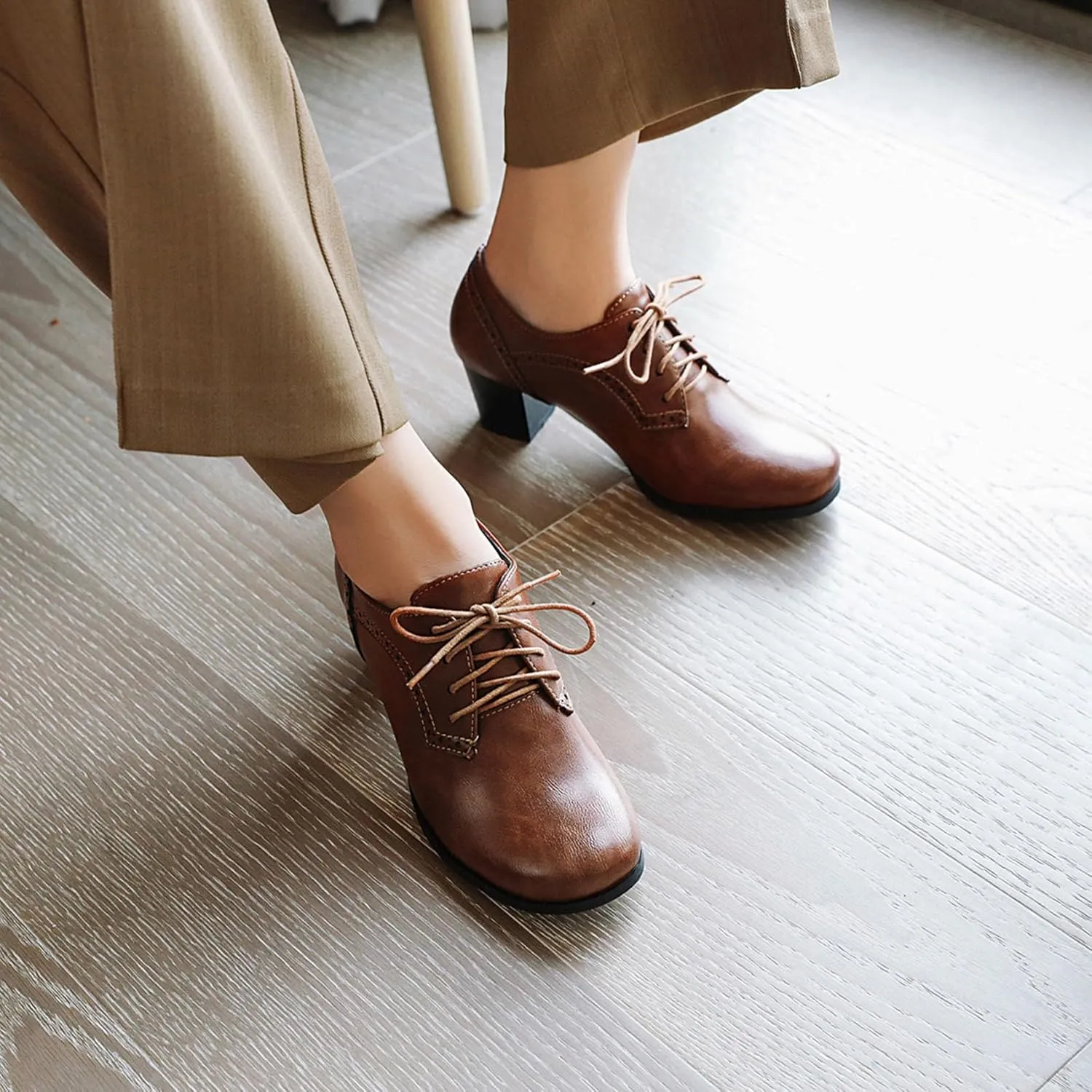 SHEMEE Women's Chunky Mid Heels Oxfords Vintage Round Square Toe Block Heeled Brogues Lace Up Work Offic Dress Shoes