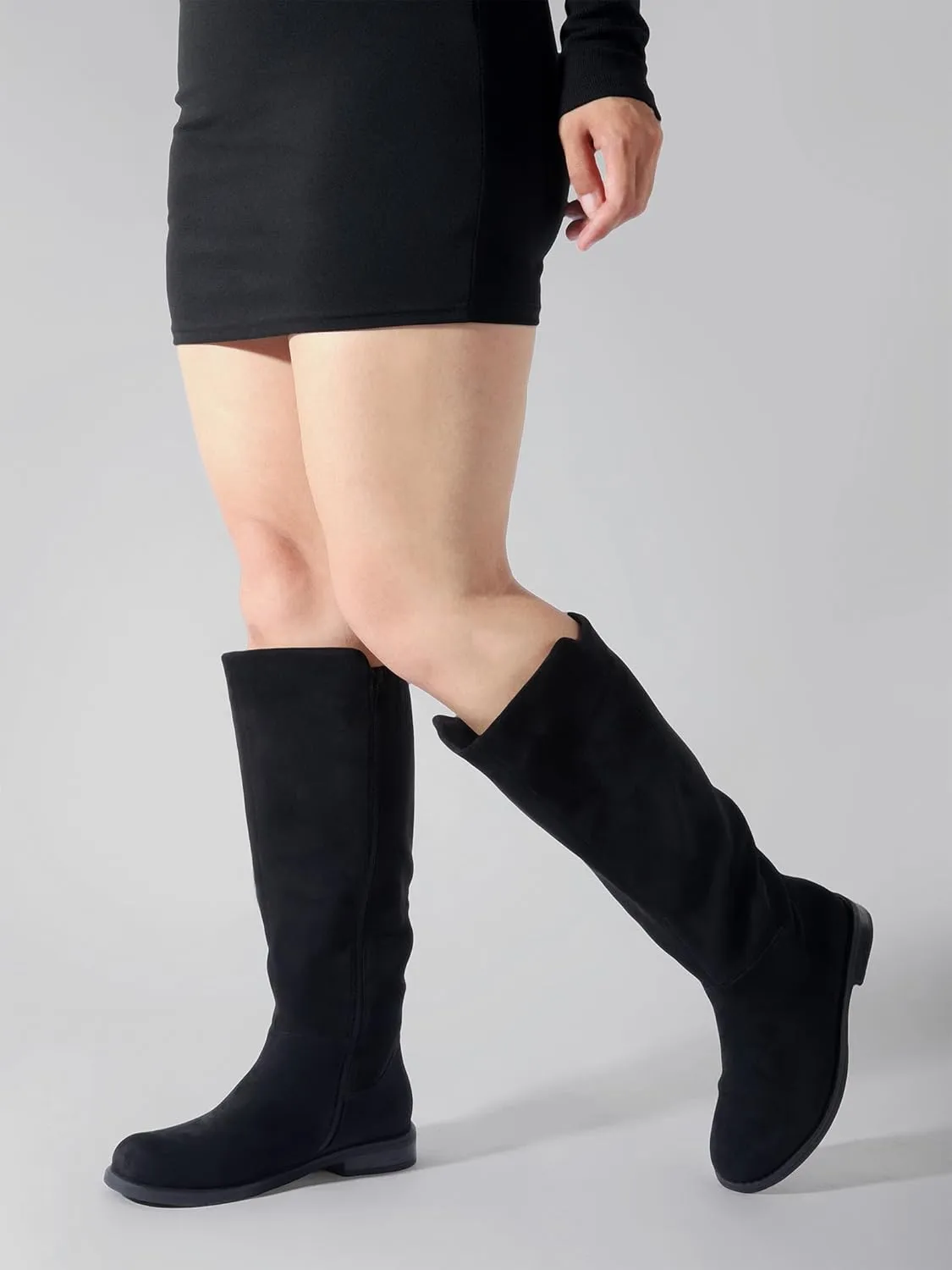 Shoe'N Tale Wide Calf Knee High Boots for Women Flat Low Heel Width Stretchy Round Toe with Side Zipper Fall and Winter Fashion Comfortable