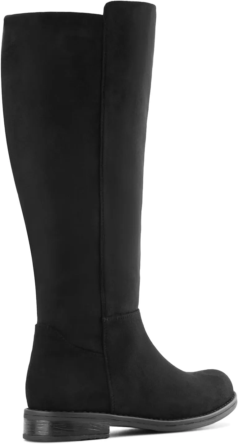 Shoe'N Tale Wide Calf Knee High Boots for Women Flat Low Heel Width Stretchy Round Toe with Side Zipper Fall and Winter Fashion Comfortable